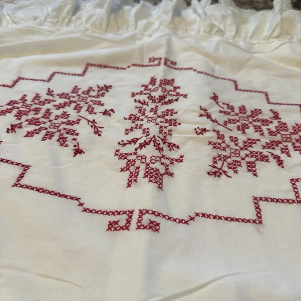 Vtg‎ Redwork Embroidery Pillow Covers Shams Eyelet Trim